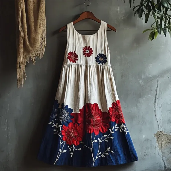 Blue And Red Contrast Color Floral Patchwork Linen Midi Dress