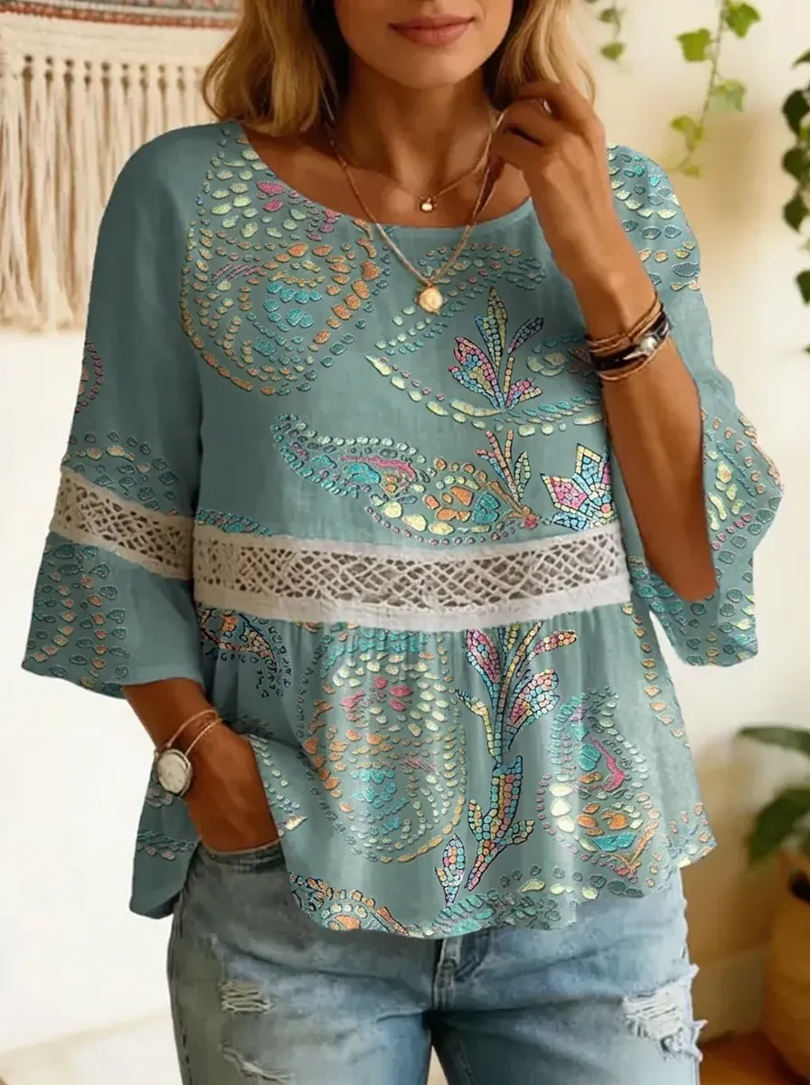 Women's Nashville Boho Paisley Lace Trim Printed Top
