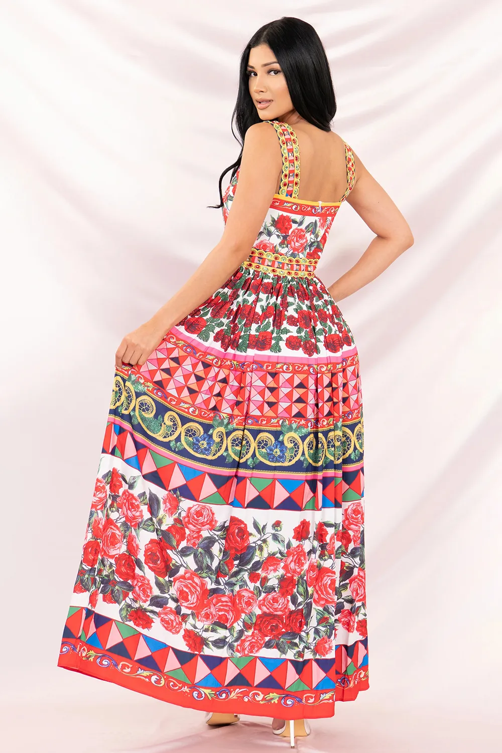 Fragmented Sleeveless Square Neck Printed Beaded Special Pleated Casual Dress