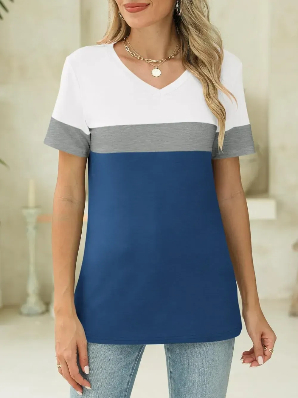 ORANDESIGNE Women's Color Block Short Sleeve T Shirts Casual V Neck Summer Tops Tees Loose Fit Blouses