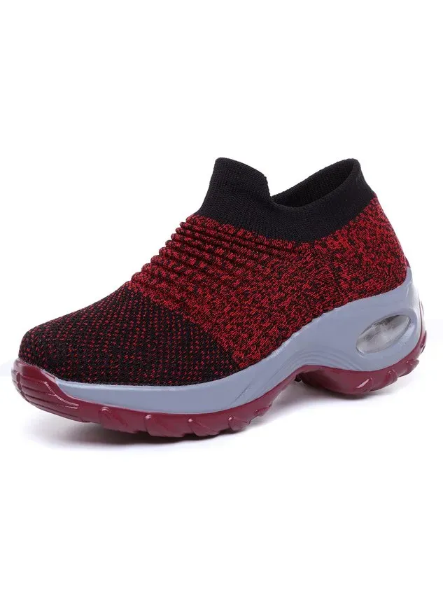 Sports Color Block Breathable Slip On Block Heel Fly Woven Shoes