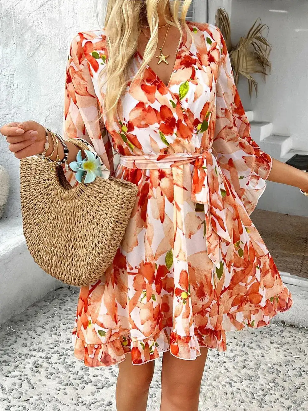 Relaxed Surplice Neck Ruffle Trim Dress
