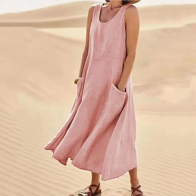 Women‘s Casual Dress Cotton Dress Shift Dress Midi Dress Blue Pink Khaki Sleeveless Pure Color Pocket Spring Summer Crew Neck Basic Daily Vacation Weekend Loose Fit 2023 S M L XL XXL