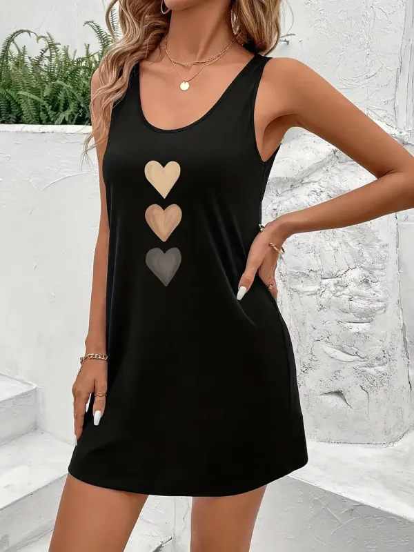 Heart Print Crew Neck Tank Dress, Casual Sleeveless Dress For Spring & Summer, Women's Clothing