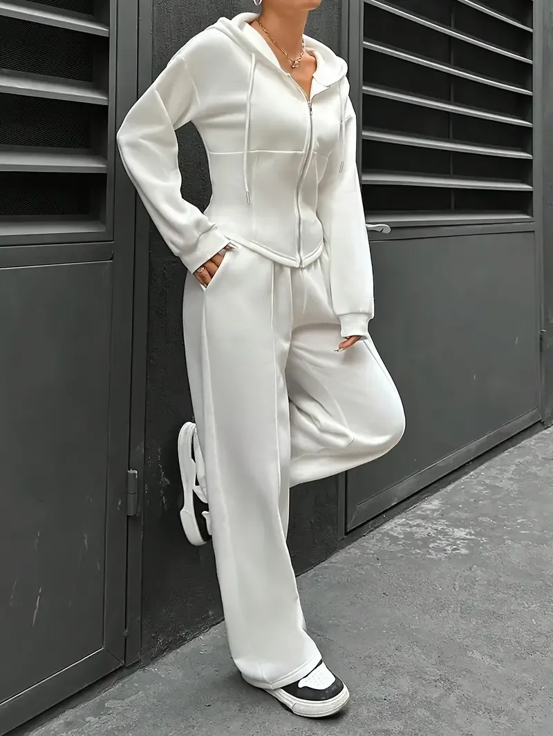 Women's Elegant Solid Color Polyester Hooded Tracksuit Set with Drawstring and Zipper Details – Knit Fabric Pantsuit for All Seasons