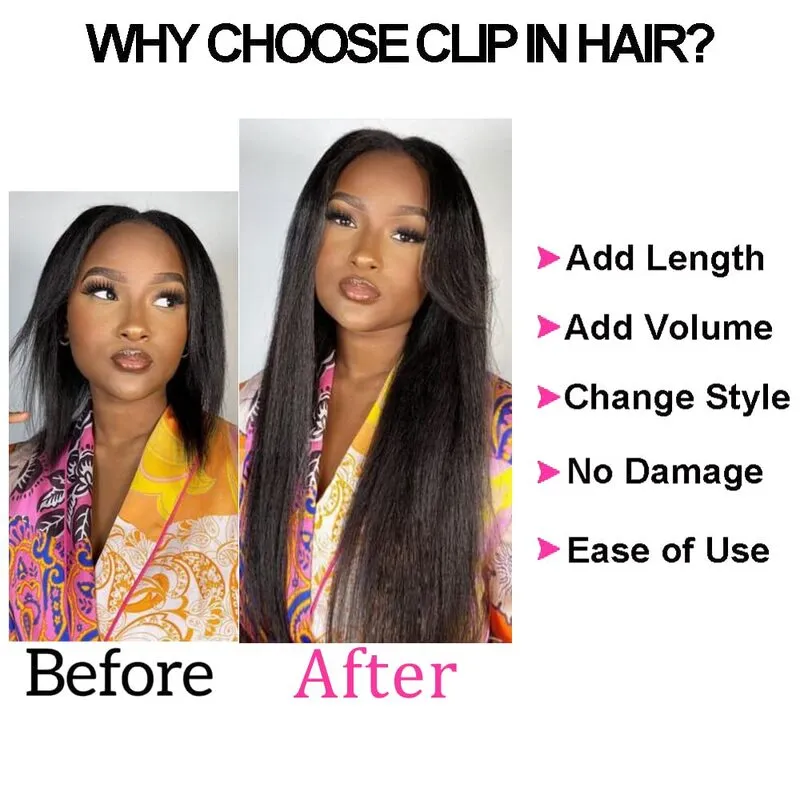 Kinky Straight Clip In Hair Extensions For Black Women Remy Human Hair 8 Pieces With 18 Clips