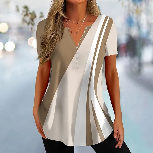 Women's T shirt Tee Black Pink Blue Color Block Button Print Short Sleeve Daily Weekend Basic V Neck Regular Painting S