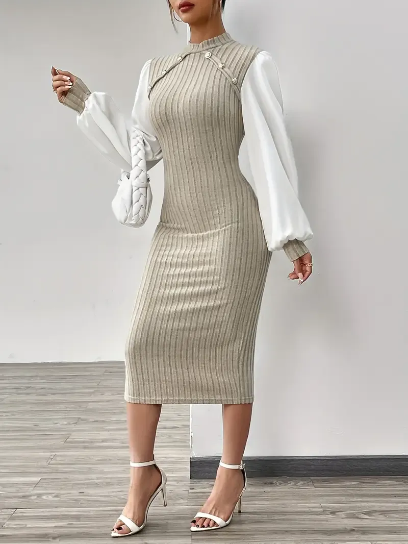 Elegant Women's Midi Dress with Ribbed Detail - Chic Mock Neck, Long Sleeve, Stretchy Pencil Skirt Style in Beige and White - Machine Washable for Spring & Autumn