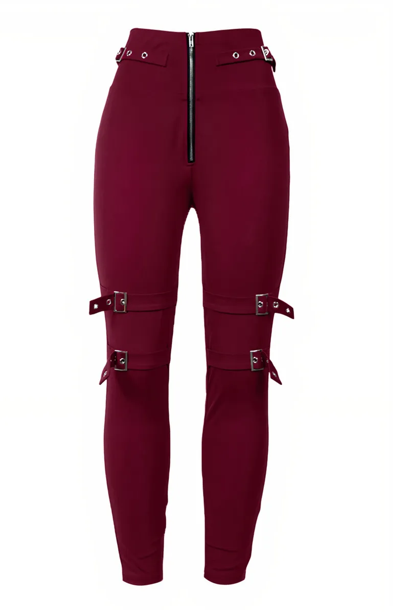 Zip Front Buckle Belted Skinny Pants