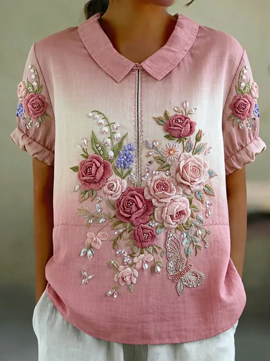 Women's Nashville Floral Butterfly Embroidered Printed Top