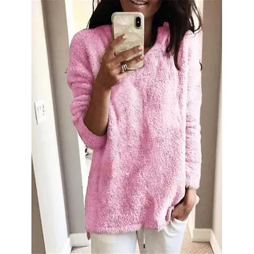 Women's Pullover Sweater Jumper Stylish Casual Soft Solid Color Fuzzy Crew Neck Oversized Long Sleeve Long Tops Knit Outdoor Daily Going out Lake blue ArmyGreen Fall Winter
