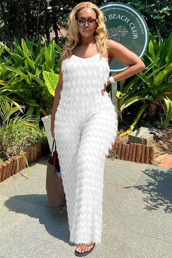 Elegant Tiered Fringe Wide Leg Cami Jumpsuit-White