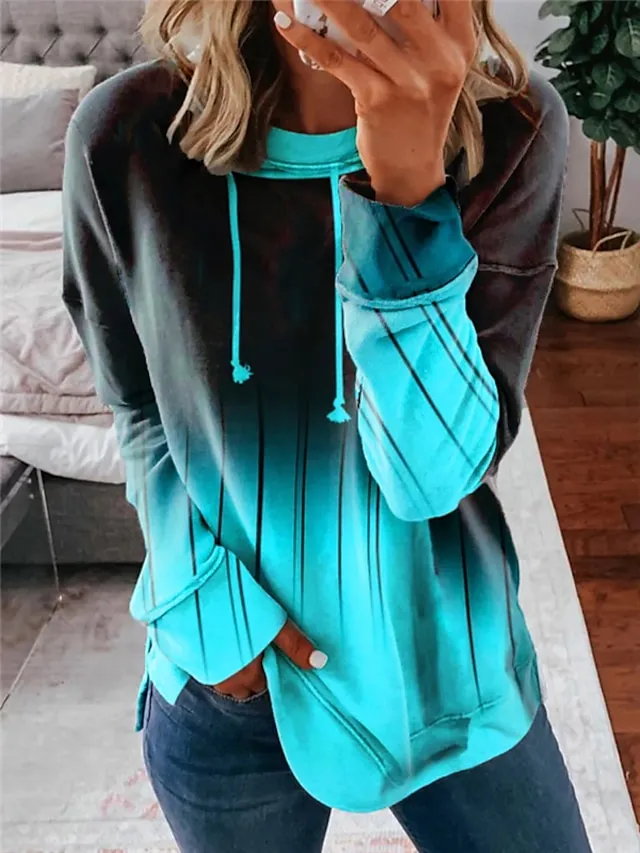 Women's Sweatshirt Pullover Sportswear Casual Drawstring Print Black Red Light Blue Gradient Loose Fit Casual Daily Round Neck Plus Size Long Sleeve Micro-elastic Fall & Winter