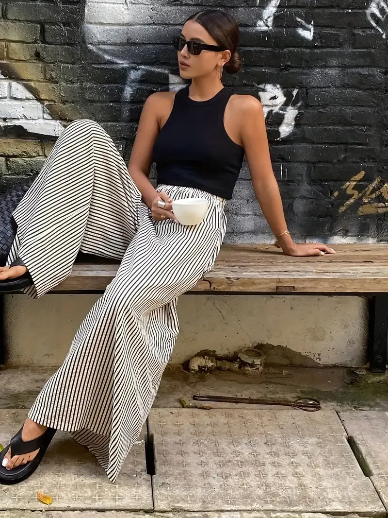 Women's Striped Wide Leg Pants with Elastic Waist - Casual Polyester, Machine Washable, High-Contrast Vertical Stripes, Comfortable All-Season Wear