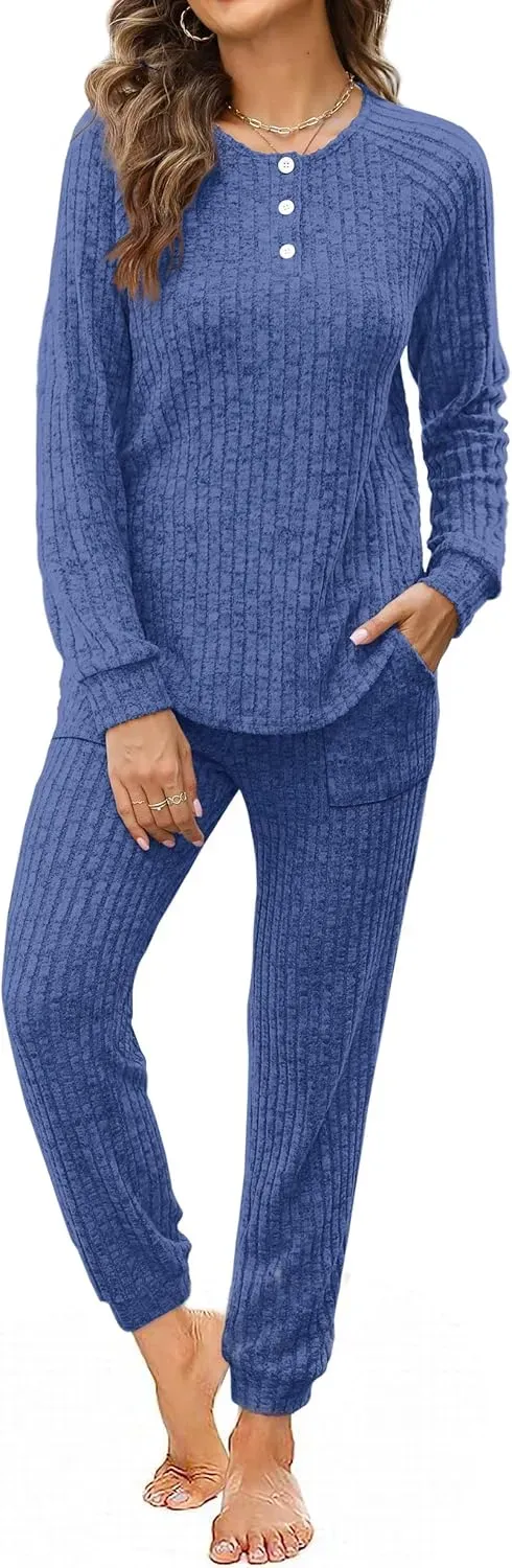 Two Piece Outfits for Women Lounge Sets Button Down Sweatshirt Sweatpants Sweatsuits Set with Pockets