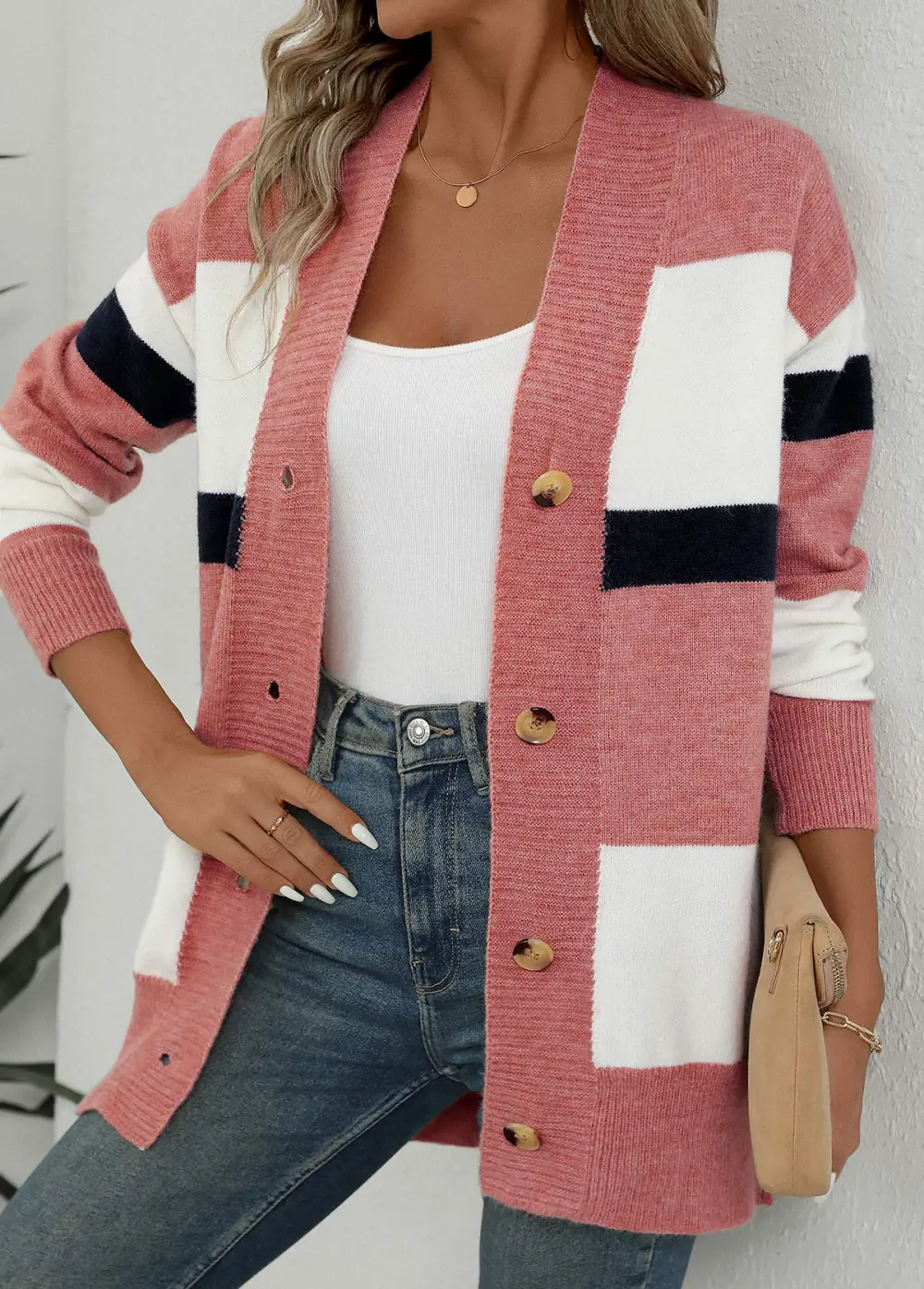 Pink Button Striped Long Sleeve Cardigan