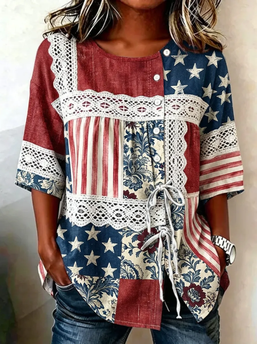 Women's Nashville USA Flag Floral Patchwork Printed Top