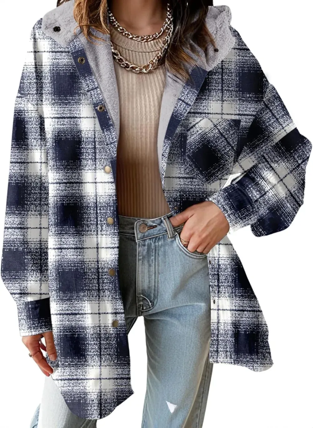 Women's Flannel Hooded Plaid 2025 Shacket Thick Coat Winter Coat for Warmth Button down Warm and Fuzzy Fleece Jacket