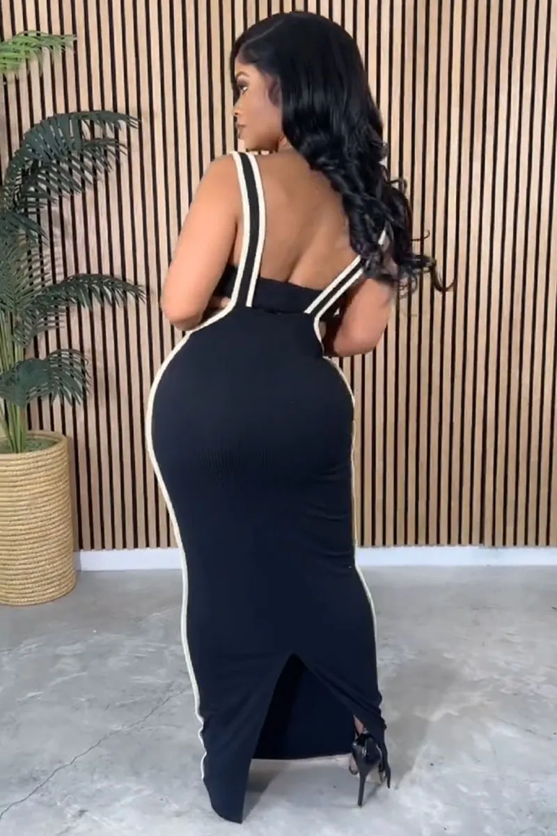 Colorblock Trim Crop Tube Top Bodycon Overall Maxi Dresses Matching Set-Black