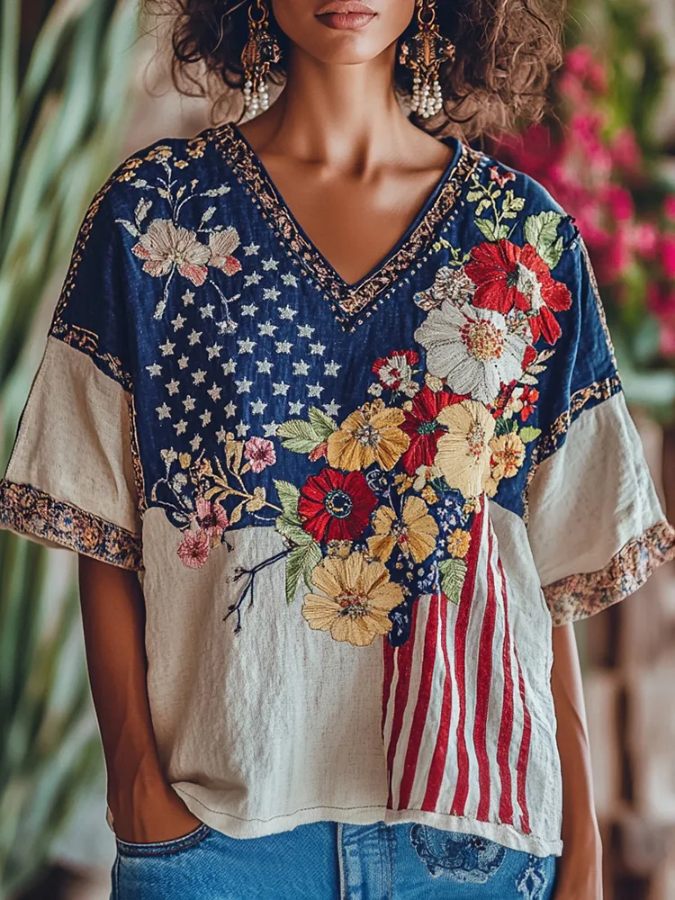 Women's Independence Day Flag Floral Embroidery Print V-neck Linen Blend T-shirt