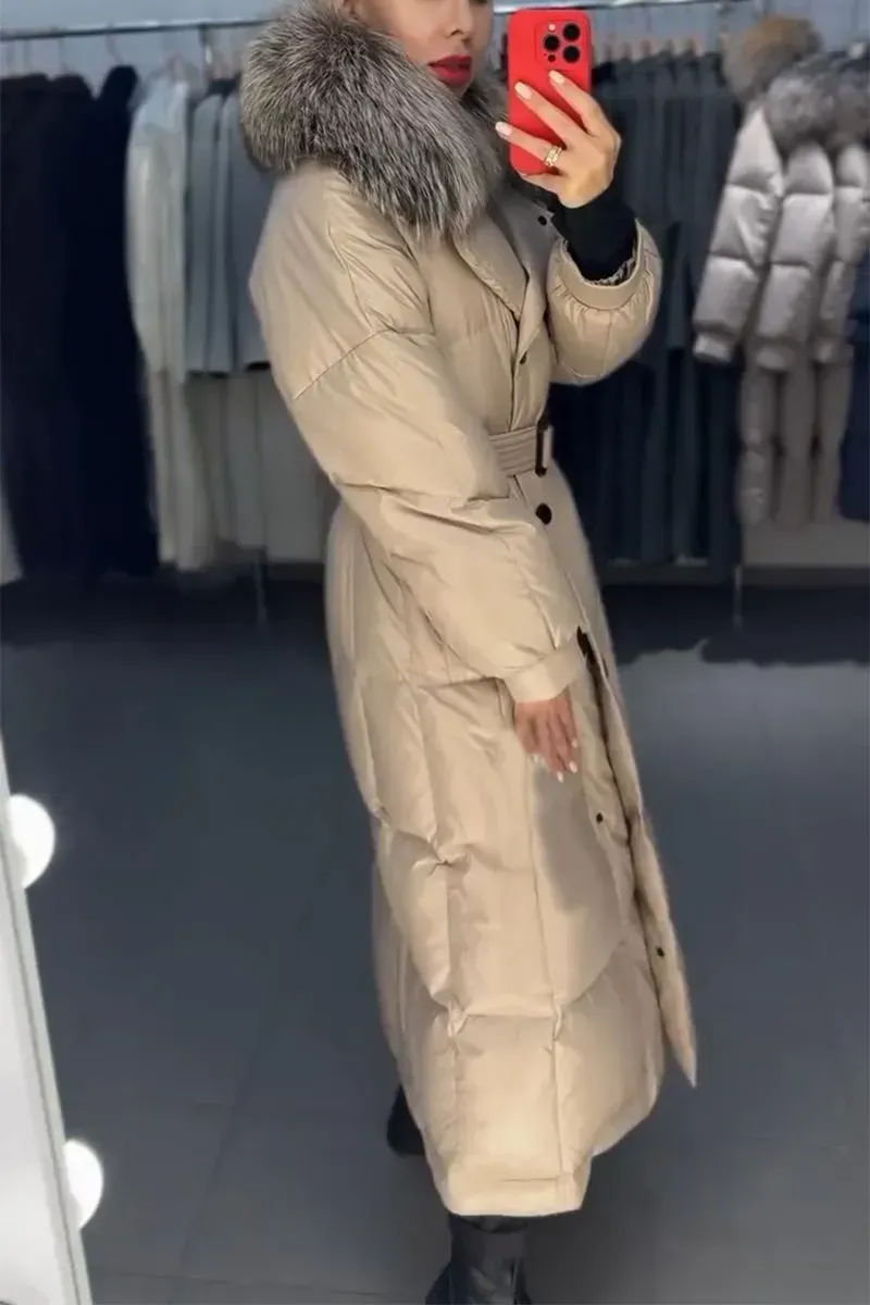 Women's Retro Elegant Hooded Fur Collar Belt Pocket Button Long Cotton Coat