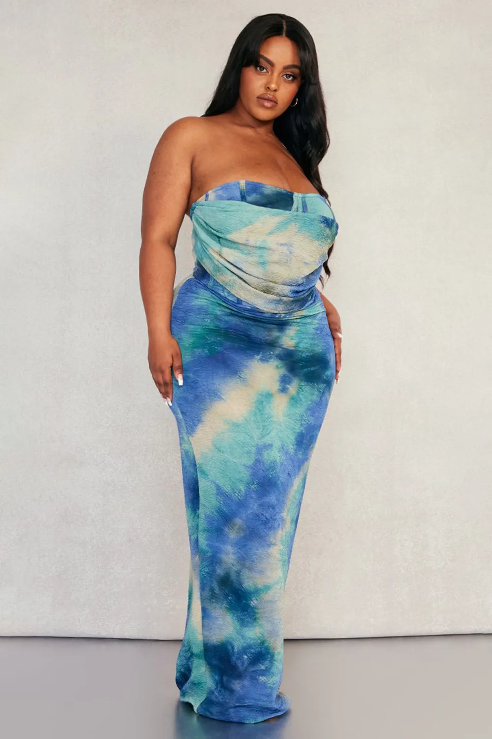Plus Pink Tie Dye Print Drape Corset Maxi Dress