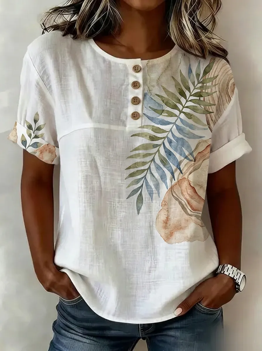 Women's Nashville Botanical Leaf Printed Button Henley Top