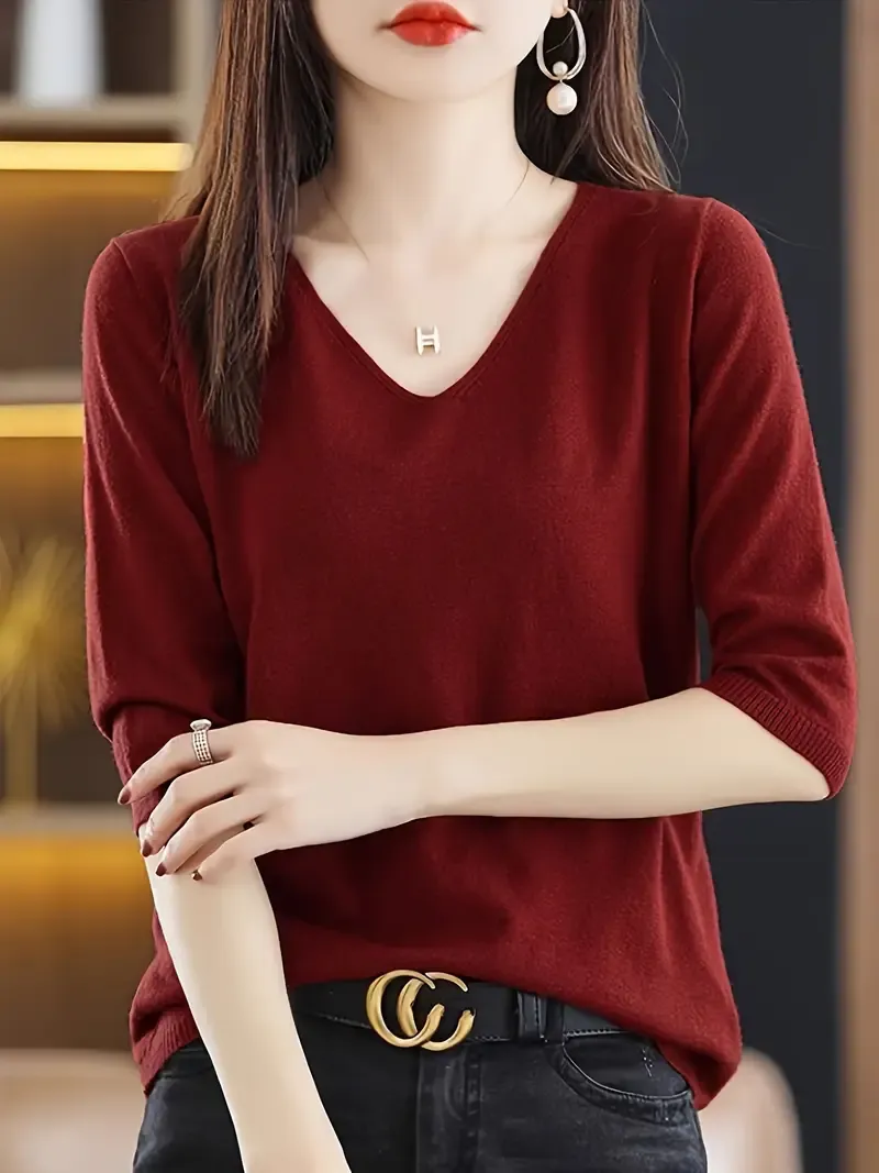 Solid Color V-neck Sweater, Versatile Half Sleeve Knitted Top For Spring & Fall, Women's Clothing
