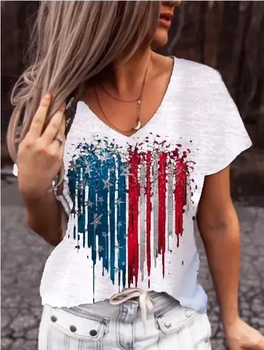 Women Short Sleeve V-Neck Heart Shape Printed Tops