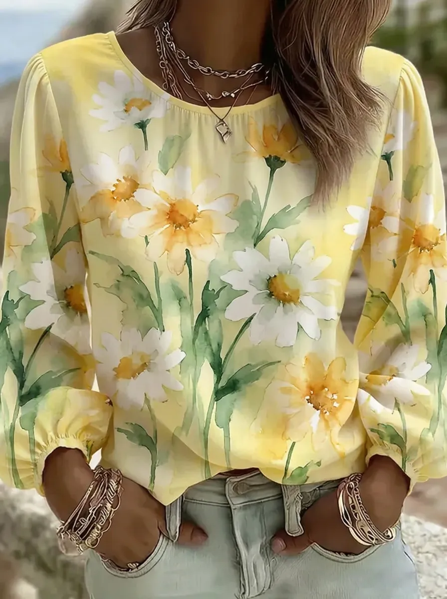Women's Nashville Floral Daisy Watercolor Printed Top