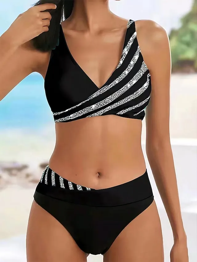 Women's Swimwear Bikini Plus Size Swimsuit 2 Piece Stripe Striped Black Burgundy Blue Lavender Purple Bandeau Bathing Suits Sports Push Up Summer