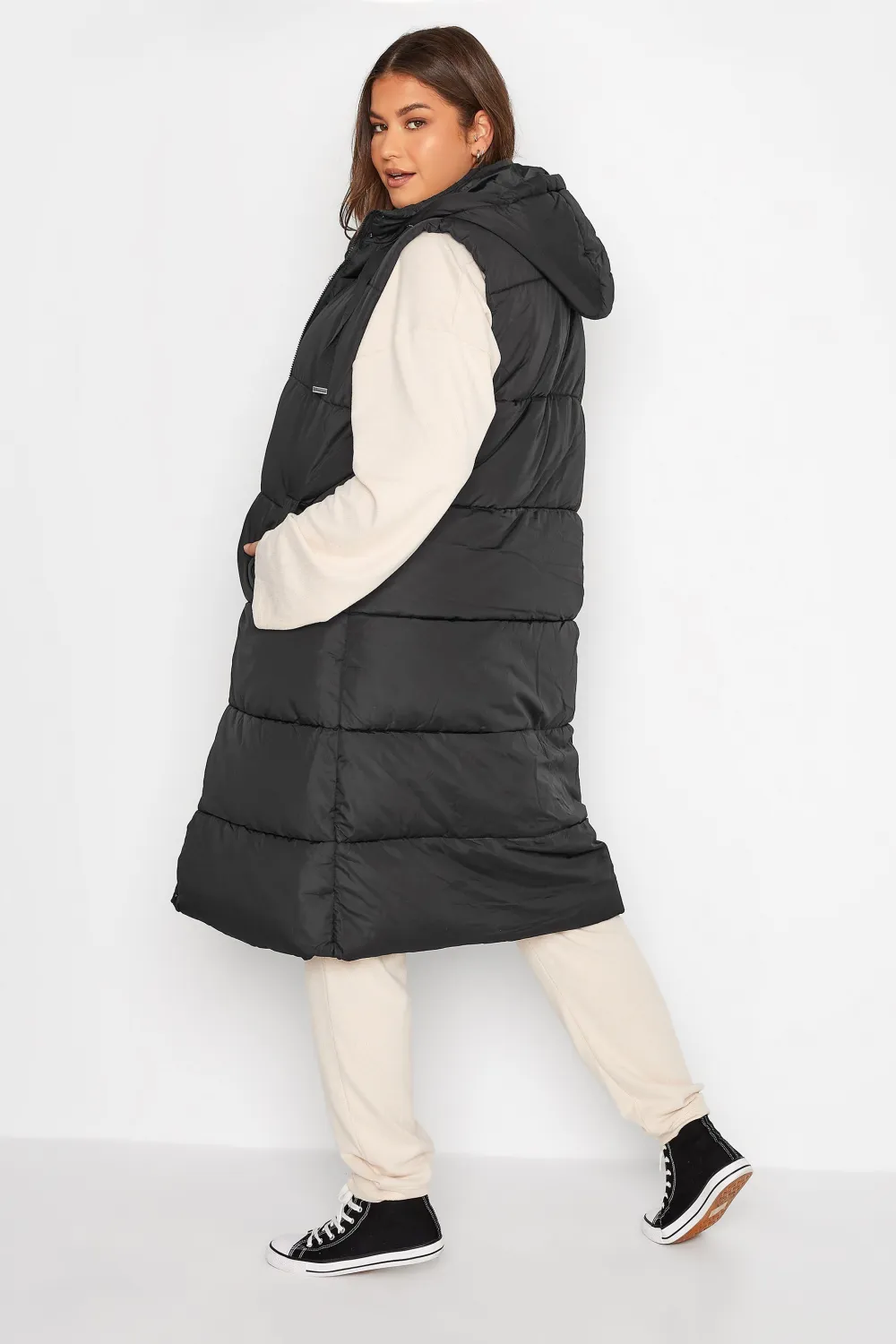 LTS Tall Black Longline Hooded Puffer Gilet