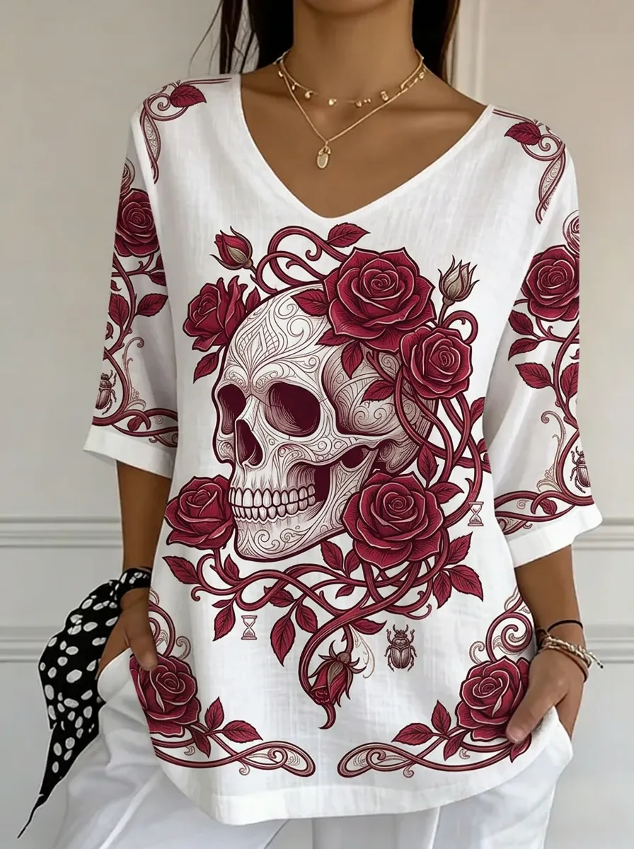 Women's Nashville Gothic Skull Rose Printed V-neck Top