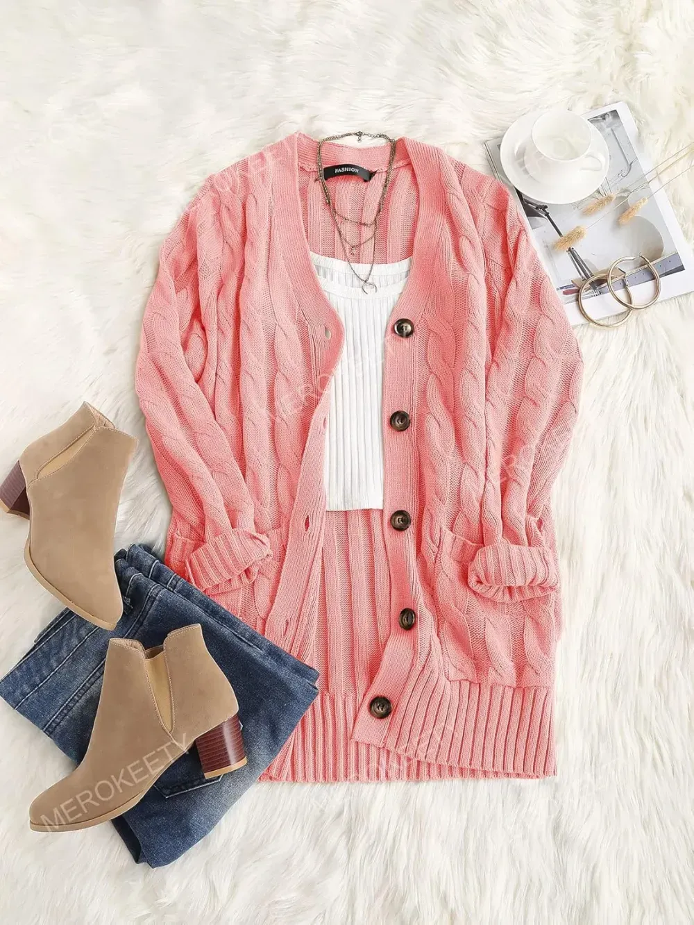 MEROKEETY Women's 2024 Fall Long Sleeve Cable Knit Sweater Open Front Cardigan Button Loose Outerwear