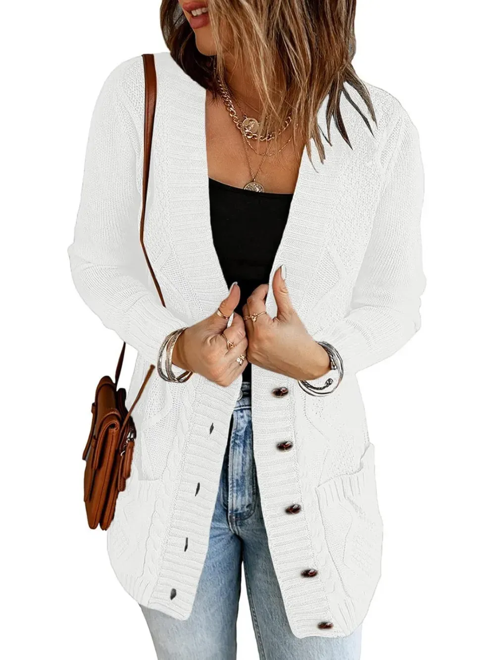 Womens Long Sleeve Open Front Buttons Cable Knit Pocket Sweater Cardigan