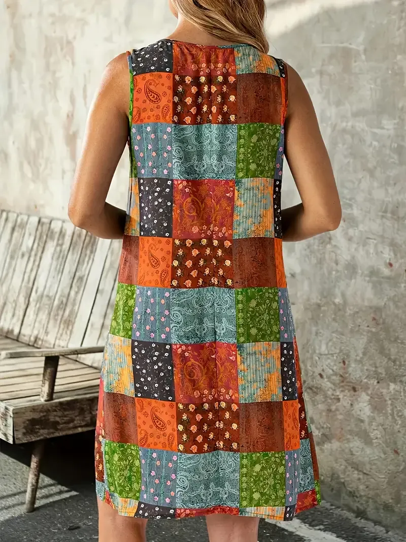 Women's Plus Size Boho Chic Floral Print Dress - Round Neck, Sleeveless A-Line Flowy Dress with Tassel Detail & Beaded Necklace Accessory, Lightweight Polyester Blend for Spring/Fall, Relaxed Fit Clothing | Boho Chic Dress | Woven Fabric Dress, Cute Dress