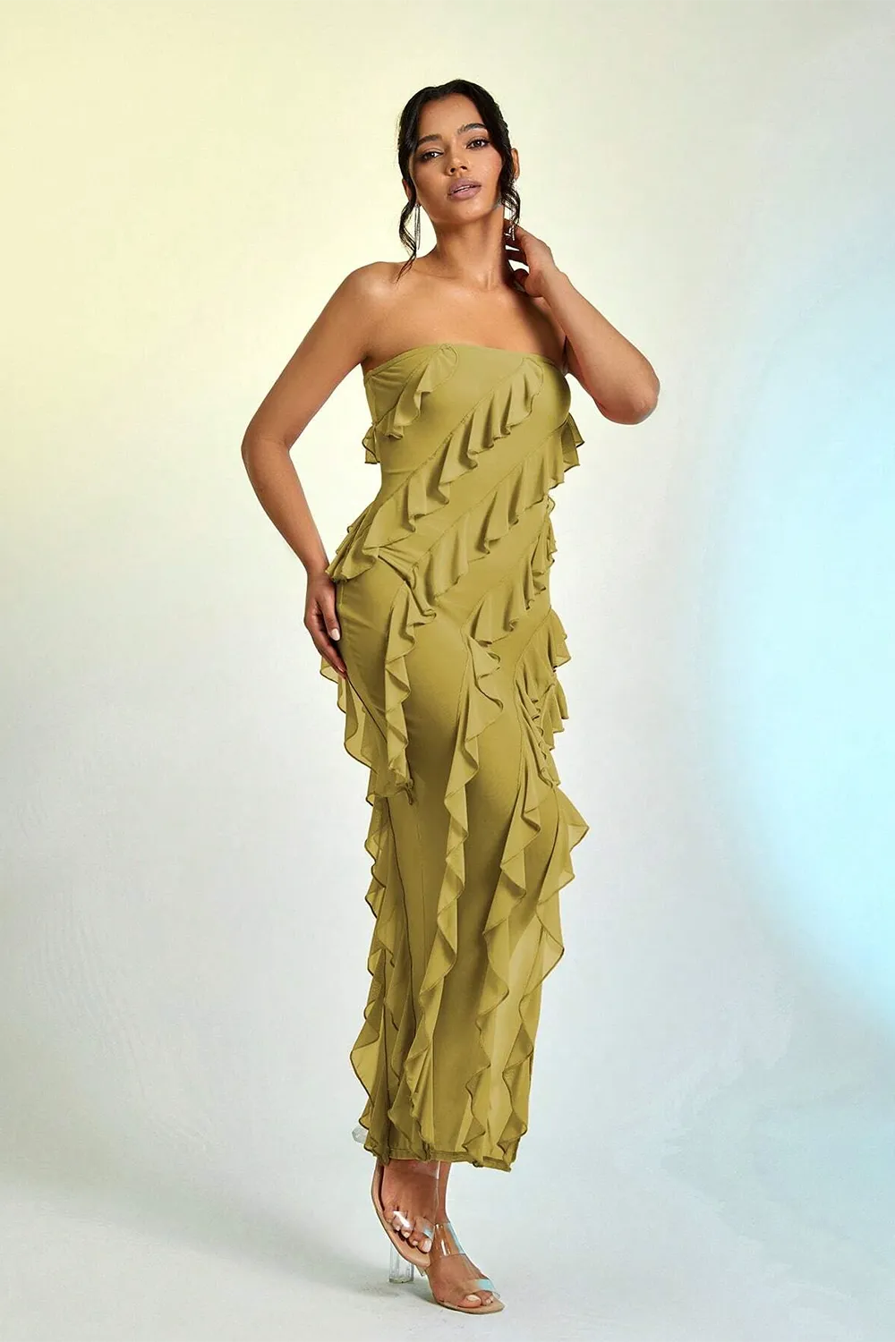 Ruffle Trim Asymmetrical Hem Mesh Tube Dress