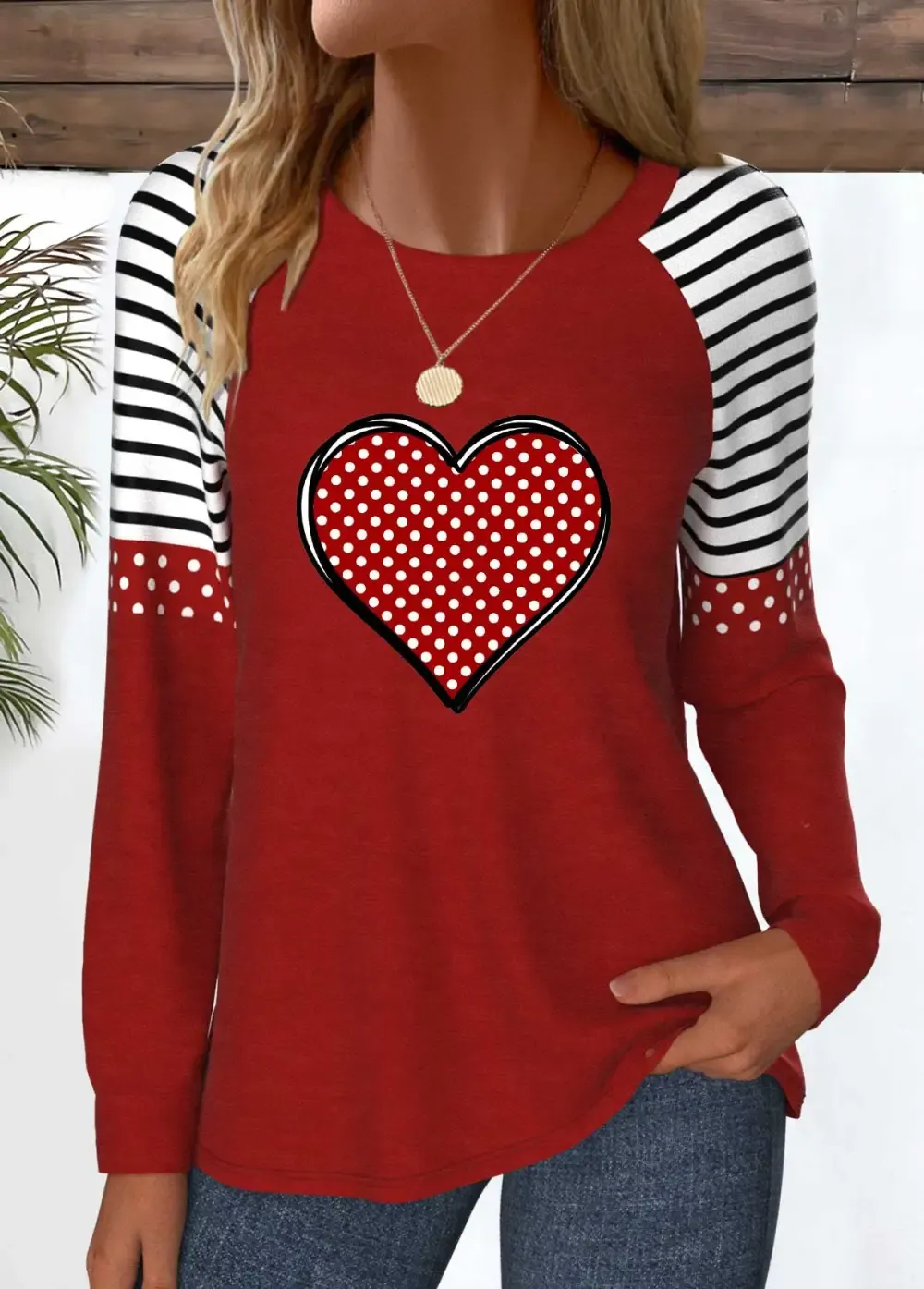 Wine Red Patchwork Heart Print Long Sleeve T Shirt