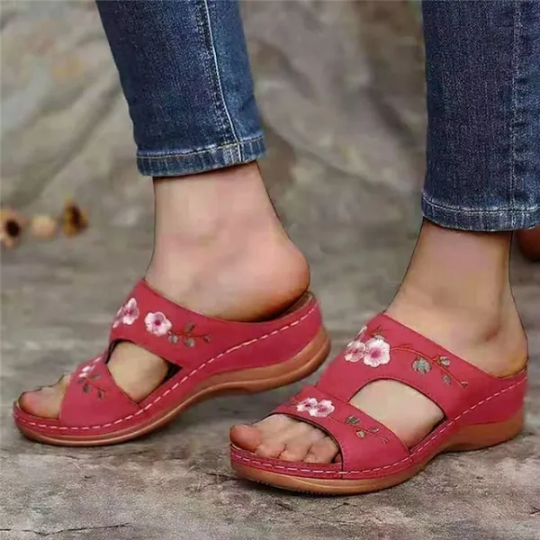 Women's Sandals Comfort Shoes Outdoor Slippers Outdoor Daily Summer Embroidery Wedge Heel Open Toe Casual Chinoiserie Walking Shoes Faux Leather Loafer Floral Black Red Brown