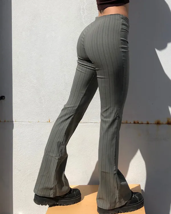 Striped Seam Front Buckle Belted Zip Up Flare Pants
