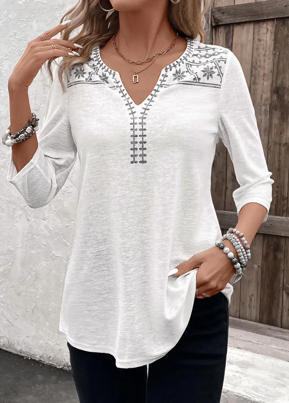 White Patchwork Floral Print 3/4 Sleeve Split Neck Blouse