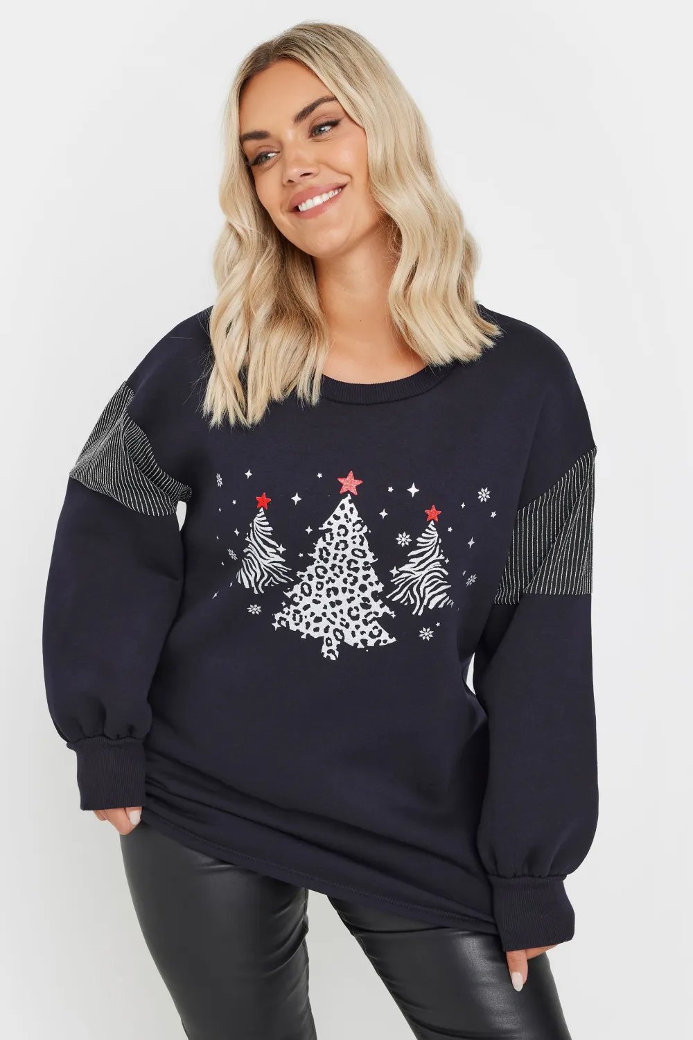YOURS Curve Navy Blue Metallic Christmas Tree Sweatshirt