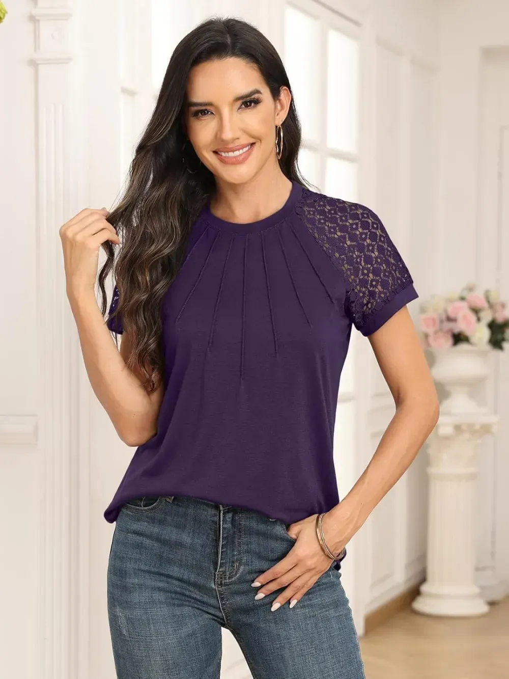 AUTOMET Womens Tshirts Trendy Fashion Tops Lace Short Sleeve Business Tee Shirts Casual Knitted Blouses Summer Outfits 2024