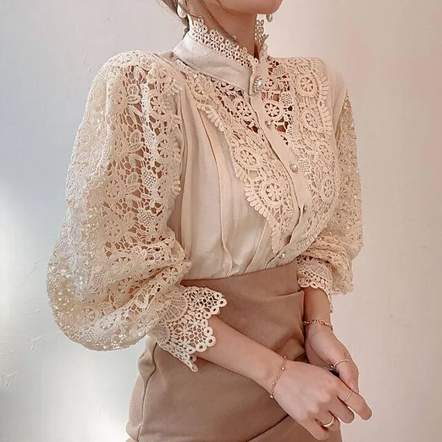 Women's Blouse Solid Colored Black White Apricot Hole Daily Fashion Elegant & Luxurious Elegant Shirt Collar Regular Fit Spring Fall Winter