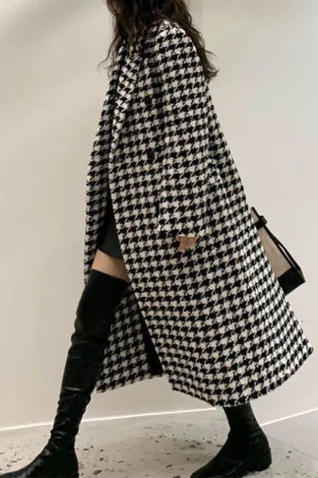 Classic Houndstooth Lapel Coat with Pockets