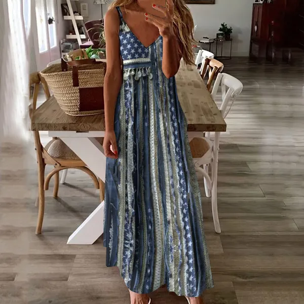 Vintage Independence Day Flag Western Tassel Print Slip Maxi Dress