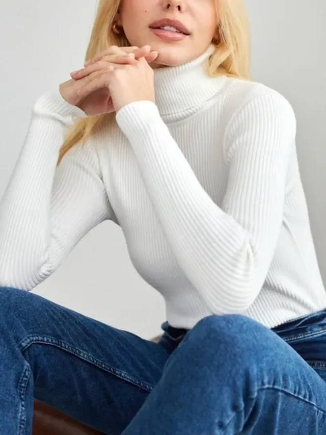 Women's Sweater Casual Soft Pure Color Ribbed Turtleneck Knitted Long Sleeve Regular Tops Knit Outdoor Daily Weekend Black White Fall Winter