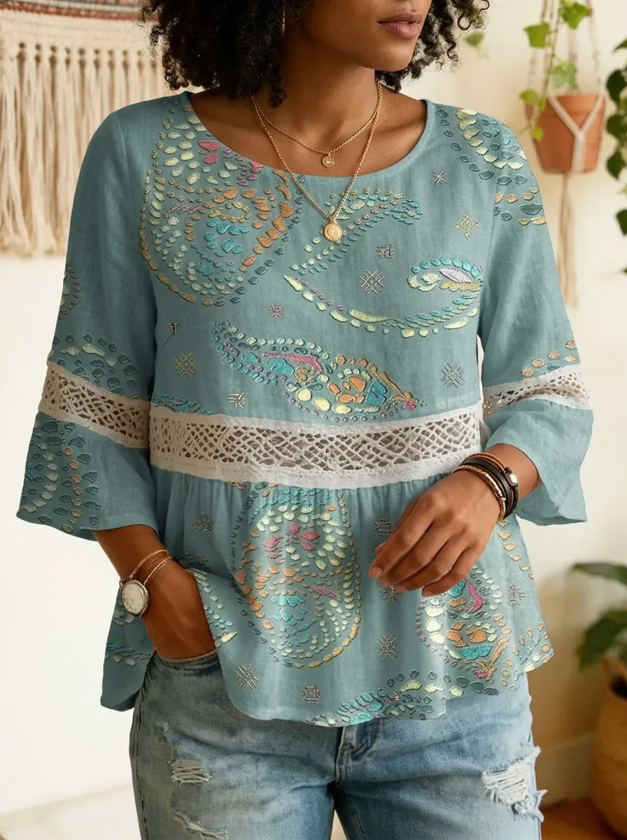 Women's Nashville Paisley Lace Trim Printed Top