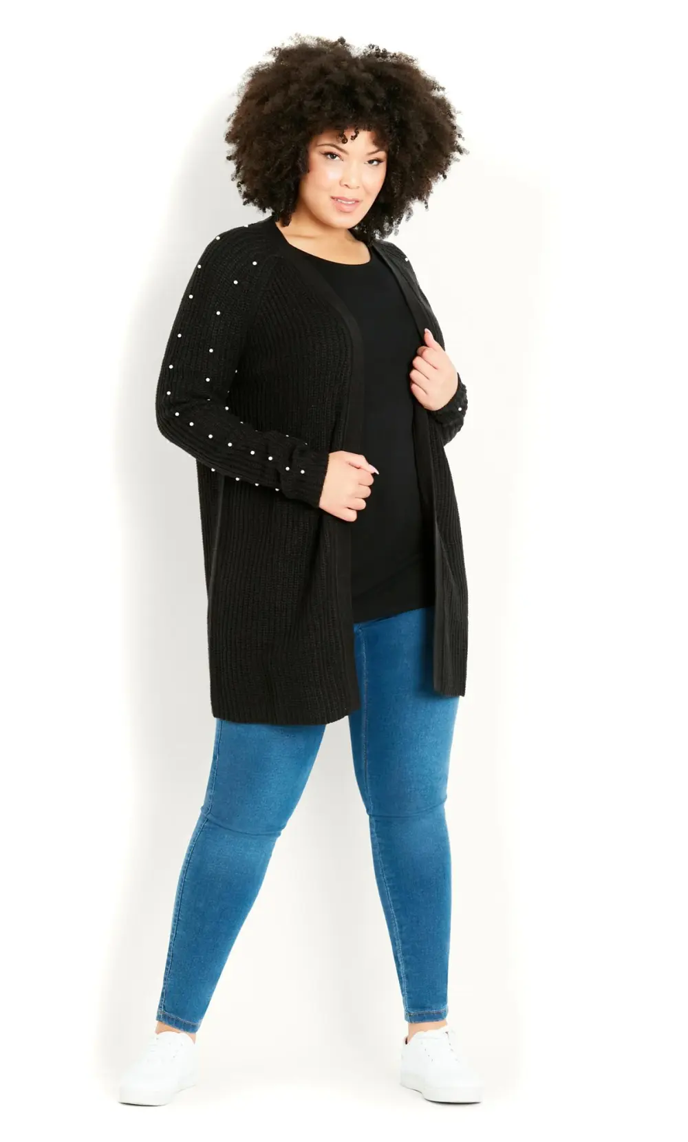 Evans Black Ribbed Knit Pearl Embellished Cardigan