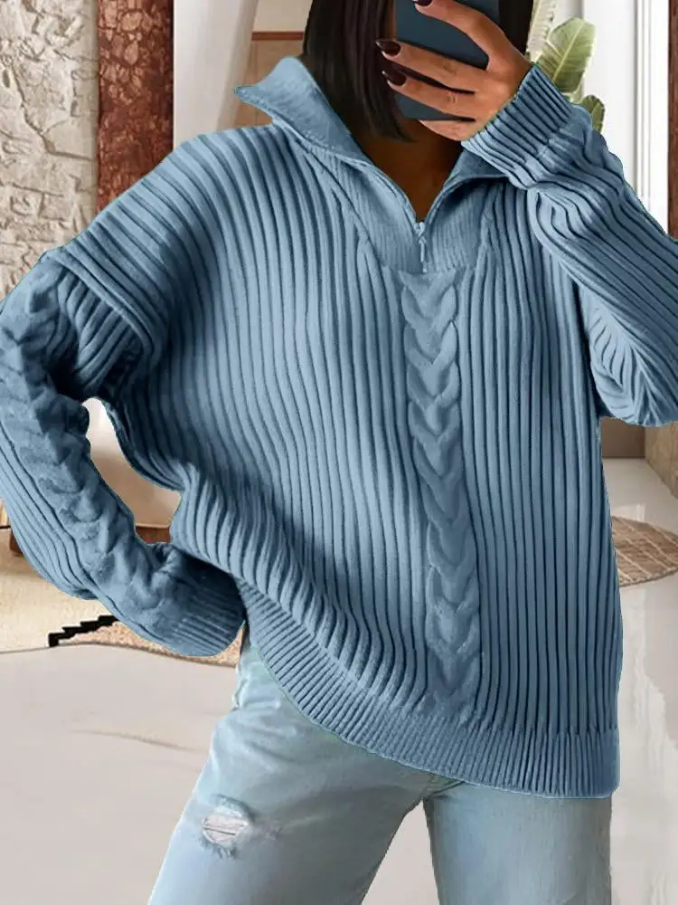 Sweater Twist Lapel Lazy Loose Casual Solid Color Knit Zip Sweater